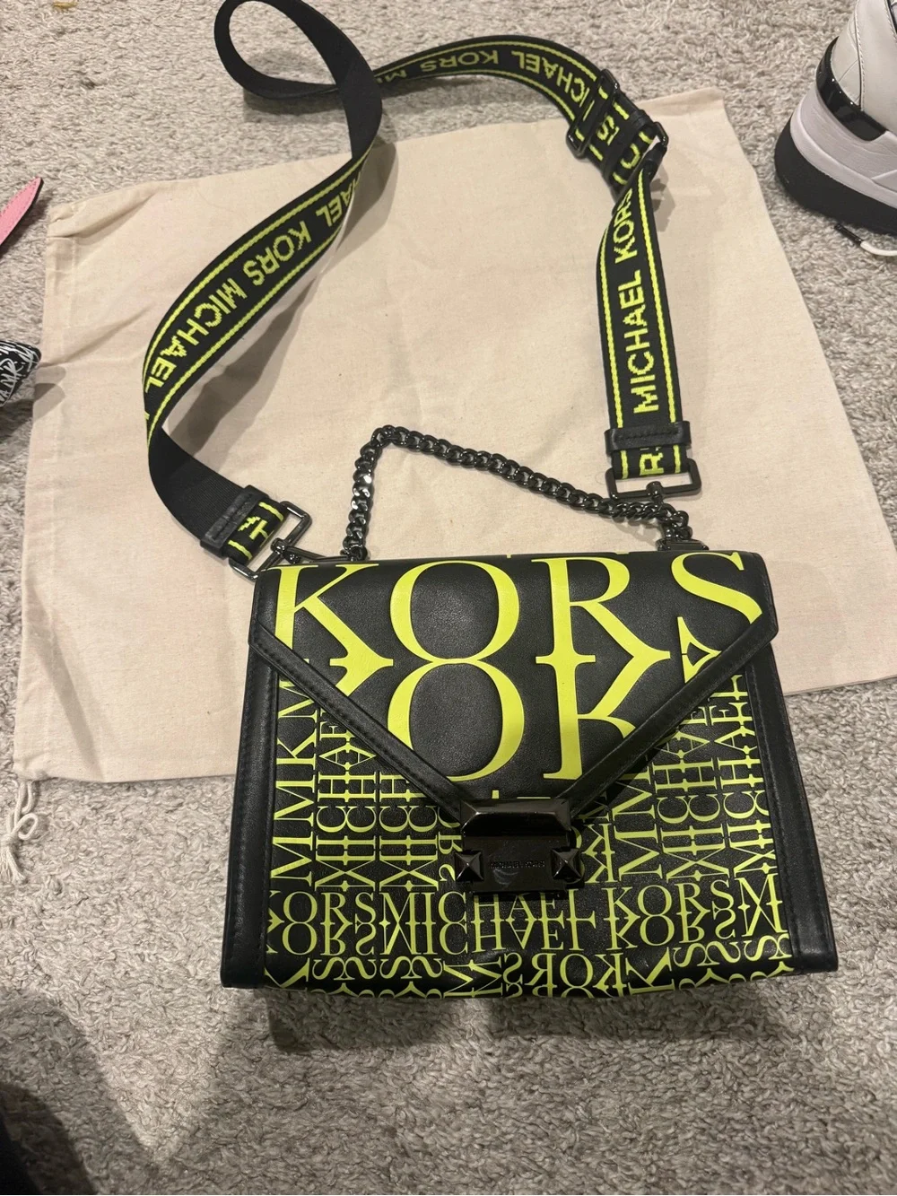 Michael Kors Black and Neon Yellow Logo Crossbody Bag